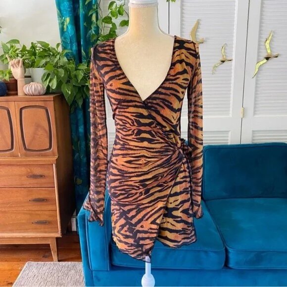 SOLD - Urban Outfitters | UO Ace Mesh Wrap Dress Brown Multi Animal Print Small - Picture 6 of 9